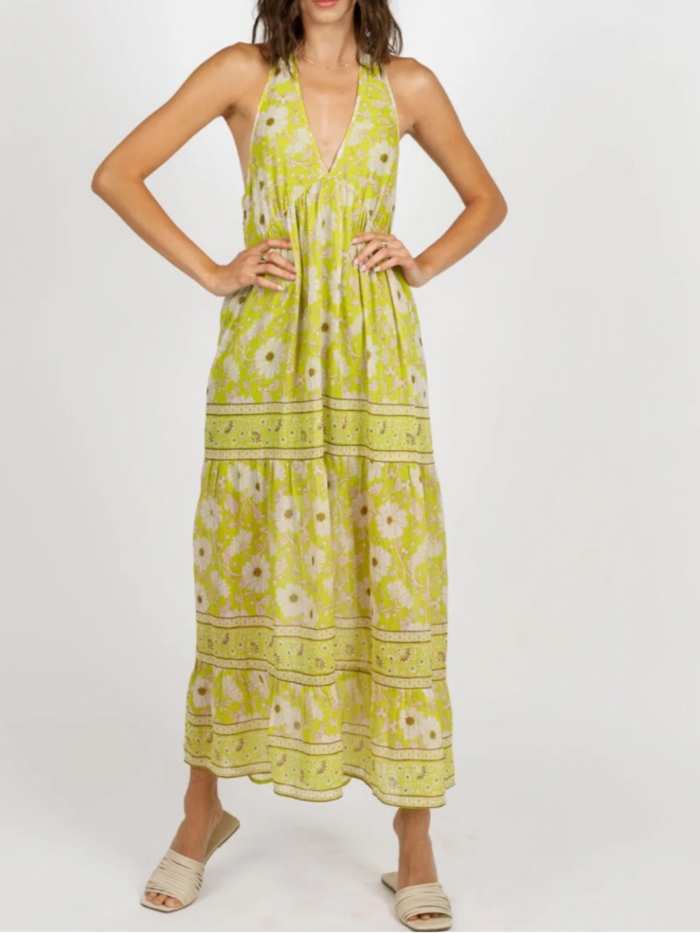 New! Band of the Free KEAHI Lime Floral Halter Maxi Dress